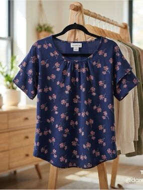 Liz Claiborne Navy Floral Short Sleeve Blouse with Pink Blossoms